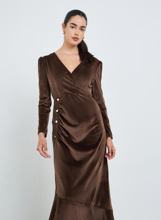 Styli Women Brown Velvet Look Maxi Dress with Button Detail - Image 1